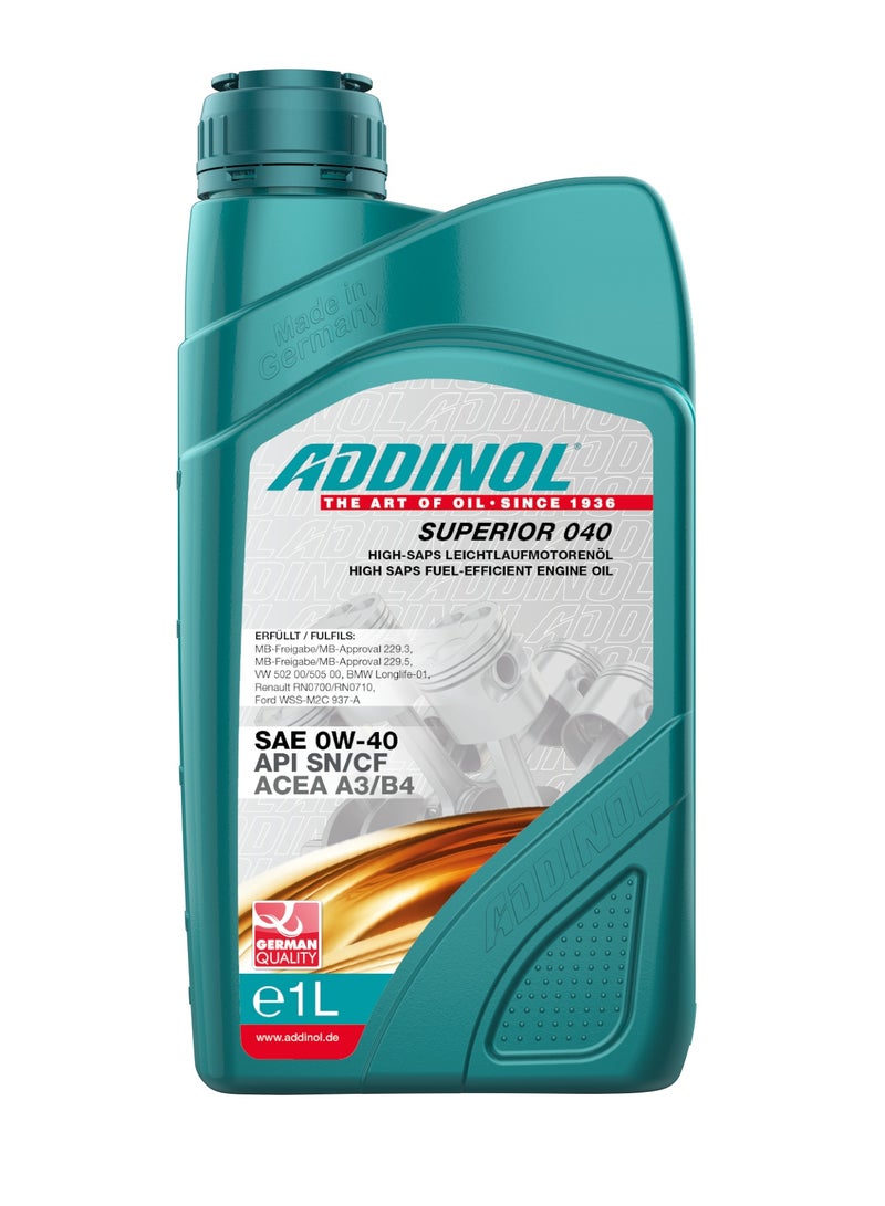 ADDINOL Superior 040 is a fuel-efficient engine oil in SAE-grade 0W-40 based on fully synthetic oils and innovative additives.